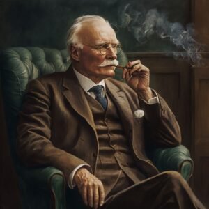 Carl Gustav Jung sentada na poltrona fumando um belo cachimbo